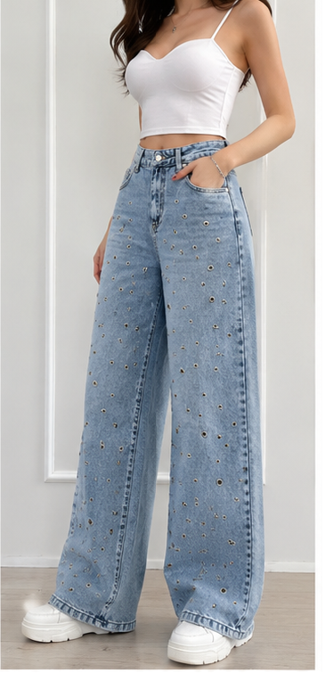Sparkle Studded Wide-Leg Denim Jeans