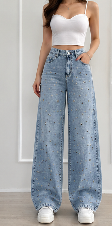 Sparkle Studded Wide-Leg Denim Jeans