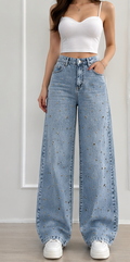Sparkle Studded Wide-Leg Denim Jeans