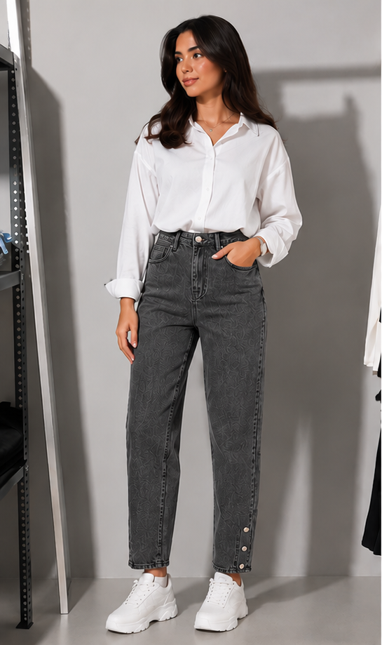 Grey Acid Wash Mom Jeans