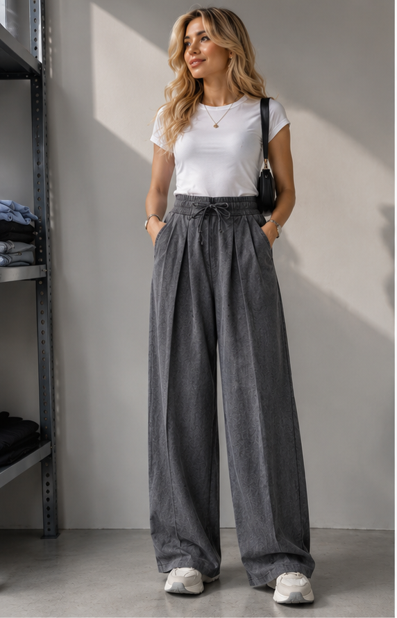 Effortless High-Waist Wide-Leg Pleated Trousers with Drawstring – Dark Gray