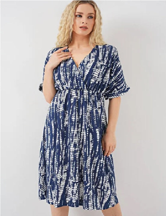 Women's Patterned Short-Sleeve Dress 2569 - Navy Blue