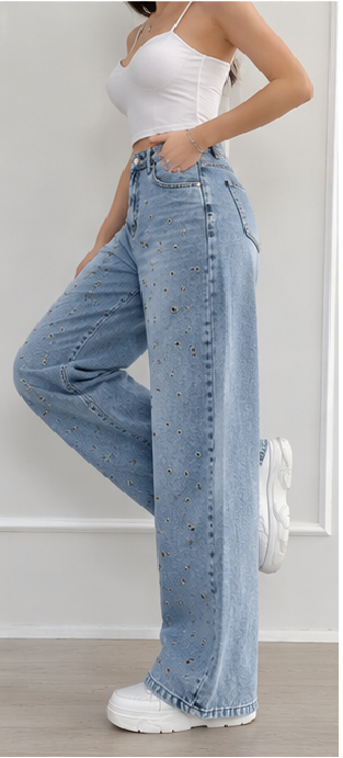 Sparkle Studded Wide-Leg Denim Jeans