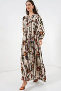 Women's Patterned Long Hijab Dress 2585 - Coffee Beige
