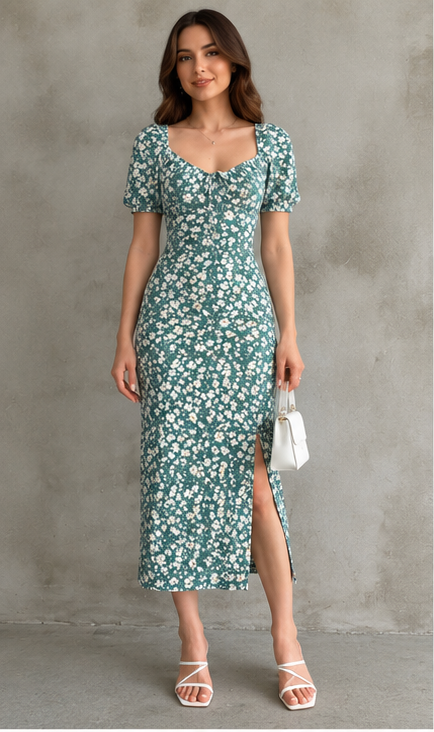 Teal Floral Sweetheart Midi Dress