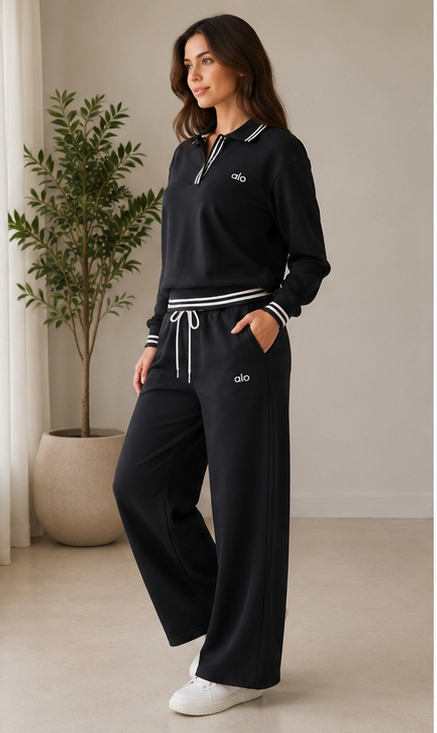 Alo Yoga Polo Sweatshirt & Wide-Leg Pant Set