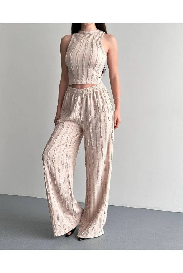 Halter Neck Light Green Reverse Stitch Crop Pants Set