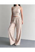 Halter Neck Light Green Reverse Stitch Crop Pants Set
