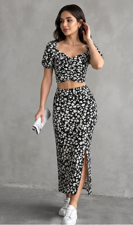 Floral Crop Top & Midi Skirt Co-Ord Set