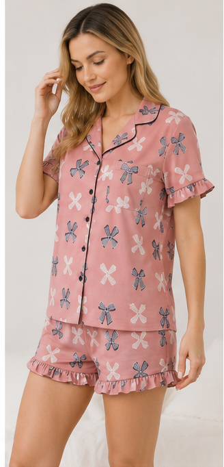 Pink Bow Print Short Pajama Set