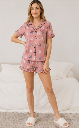 Pink Bow Print Short Pajama Set