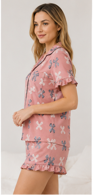 Pink Bow Print Short Pajama Set