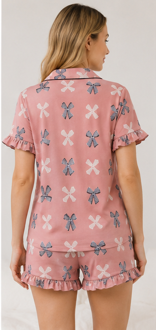 Pink Bow Print Short Pajama Set