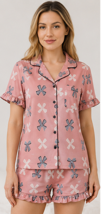 Pink Bow Print Short Pajama Set