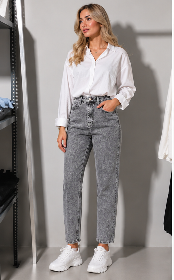 Grey Acid Wash Mom Jeans