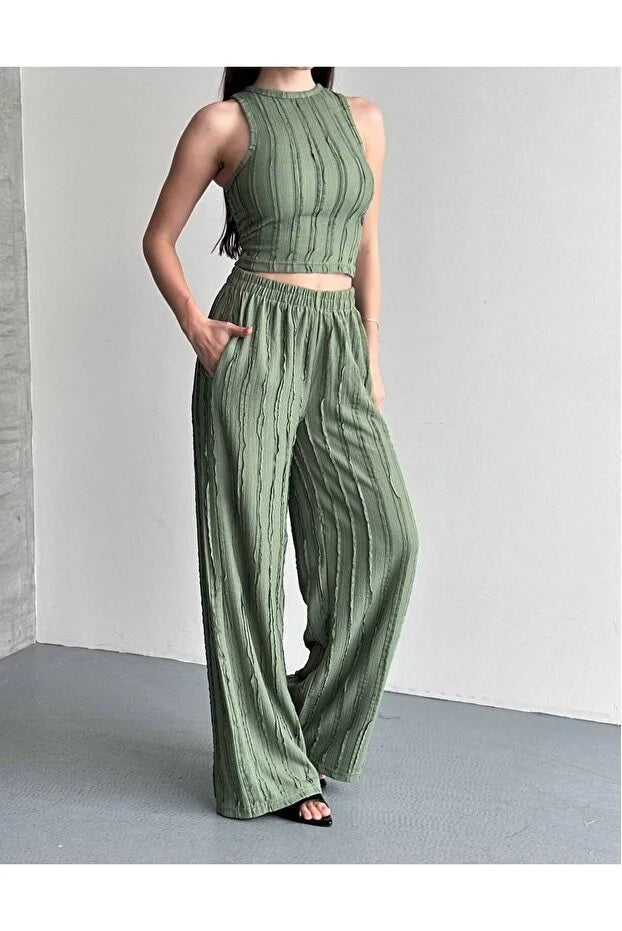Halter Neck Light Green Reverse Stitch Crop Pants Set
