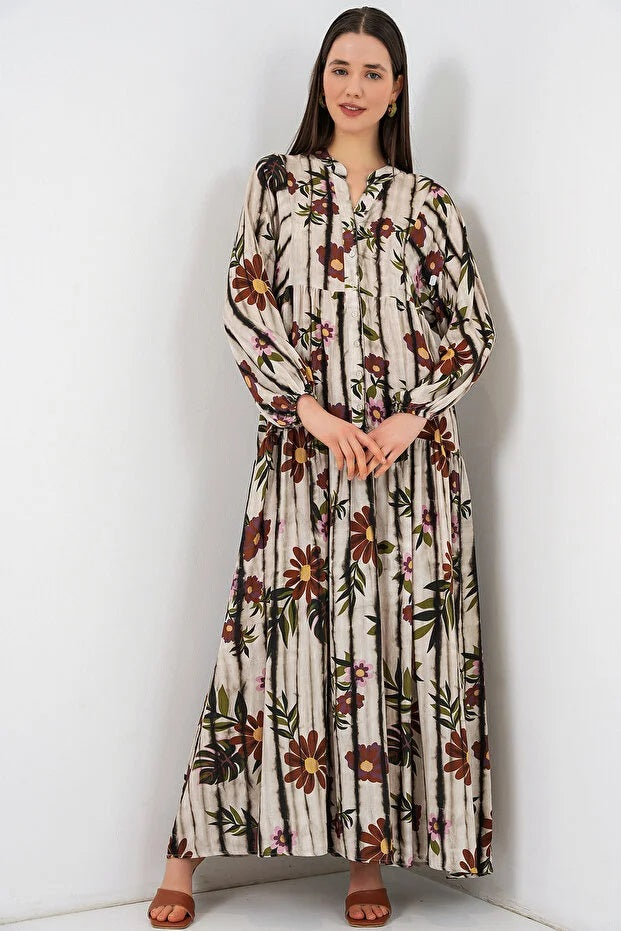 Women's Patterned Long Hijab Dress 2585 - Coffee Beige