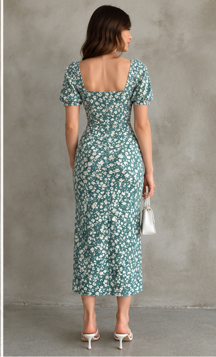 Teal Floral Sweetheart Midi Dress