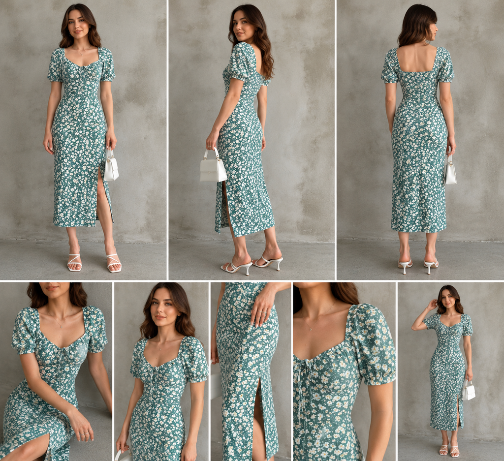 Teal Floral Sweetheart Midi Dress