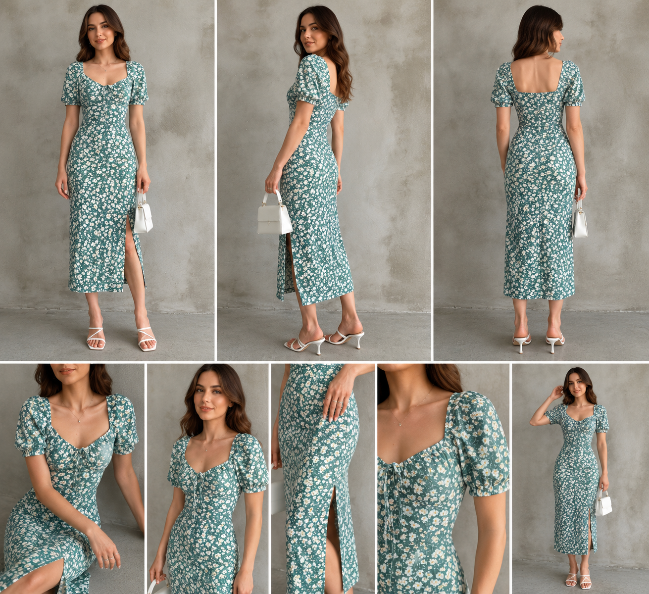 Teal Floral Sweetheart Midi Dress