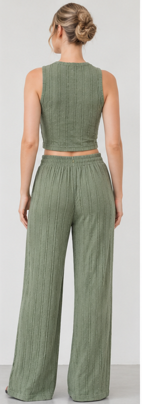 Textured Ribbed Crop Top & Wide-Leg Pants Set