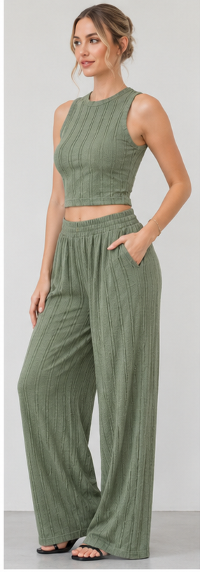Textured Ribbed Crop Top & Wide-Leg Pants Set