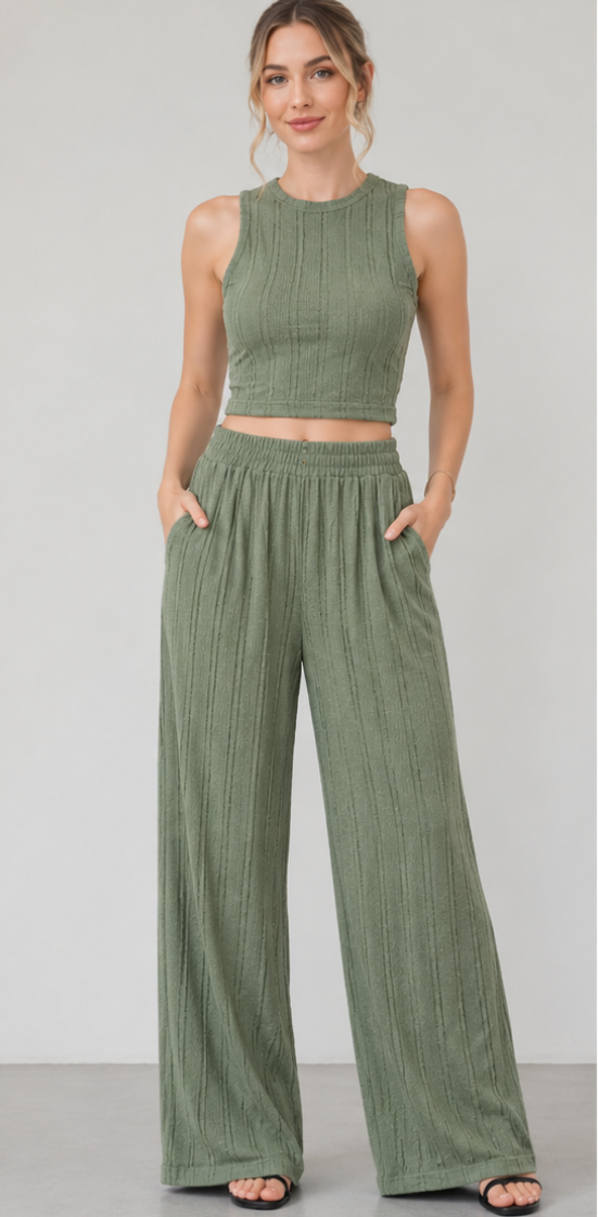 Textured Ribbed Crop Top & Wide-Leg Pants Set