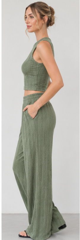 Textured Ribbed Crop Top & Wide-Leg Pants Set