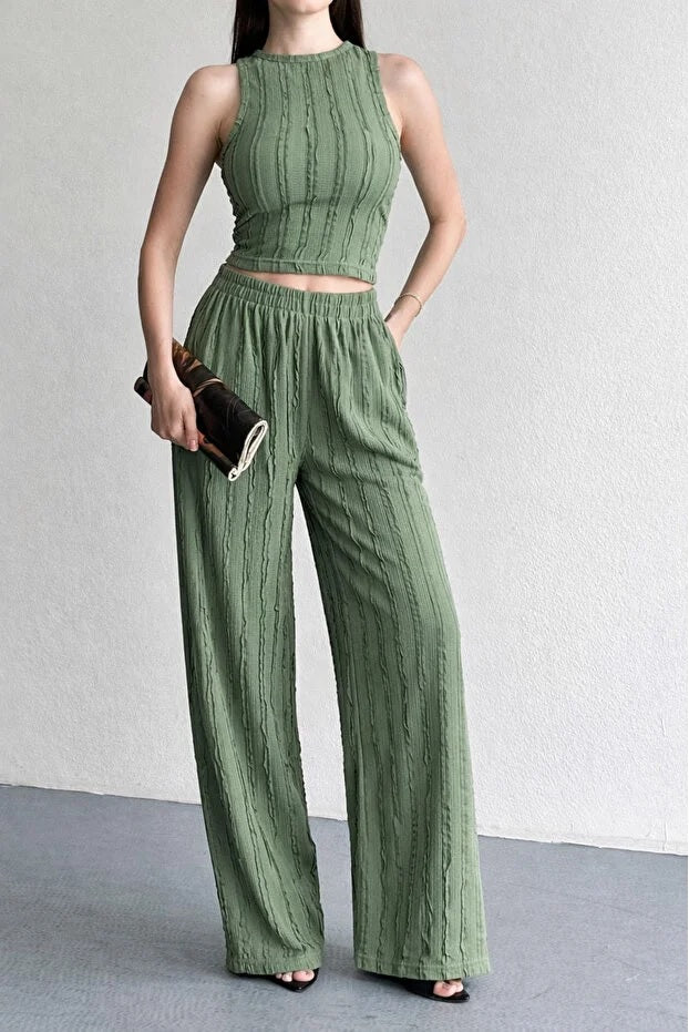 Halter Neck Light Green Reverse Stitch Crop Pants Set