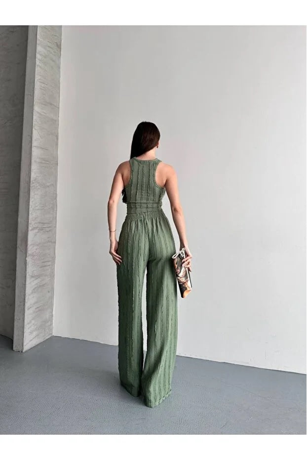 Halter Neck Light Green Reverse Stitch Crop Pants Set