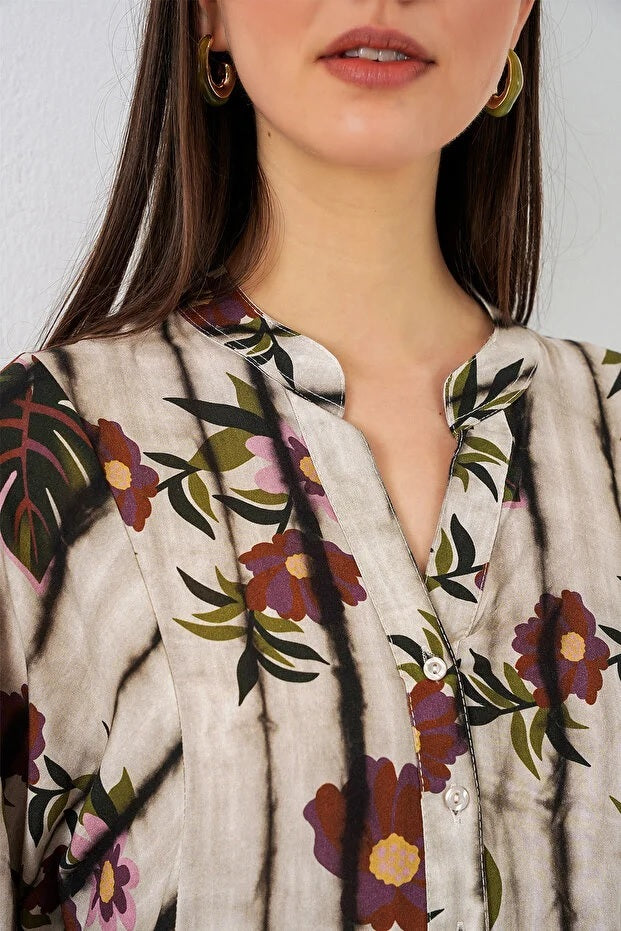 Women's Patterned Long Hijab Dress 2585 - Coffee Beige