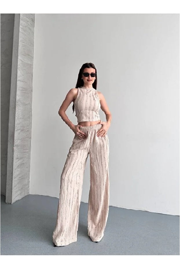 Halter Neck Light Green Reverse Stitch Crop Pants Set