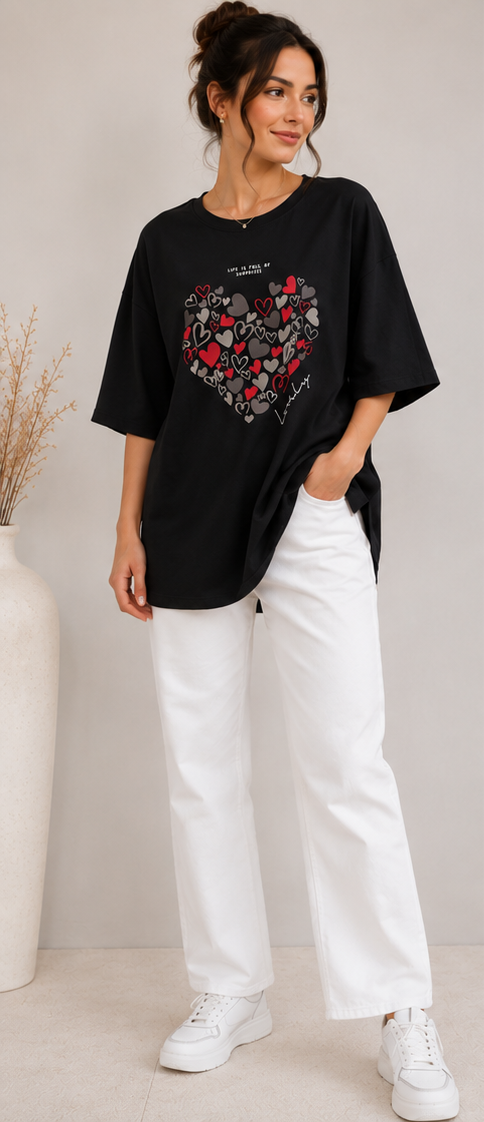 Heart Print Oversized T-Shirt