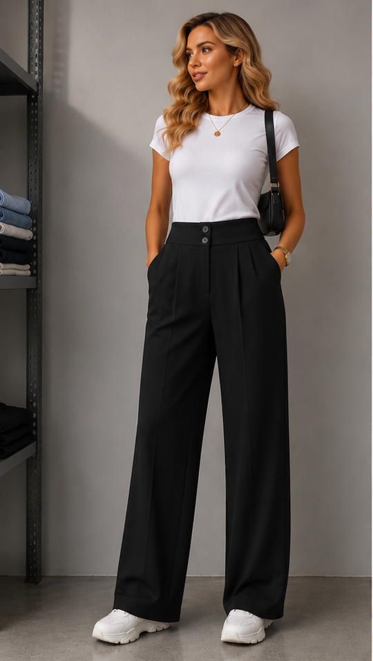 Classic High-Waisted Wide-Leg Pleated Trousers