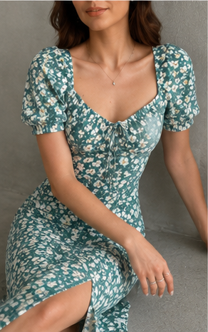 Teal Floral Sweetheart Midi Dress
