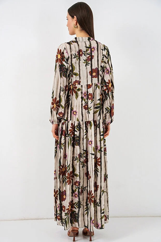 Women's Patterned Long Hijab Dress 2585 - Coffee Beige