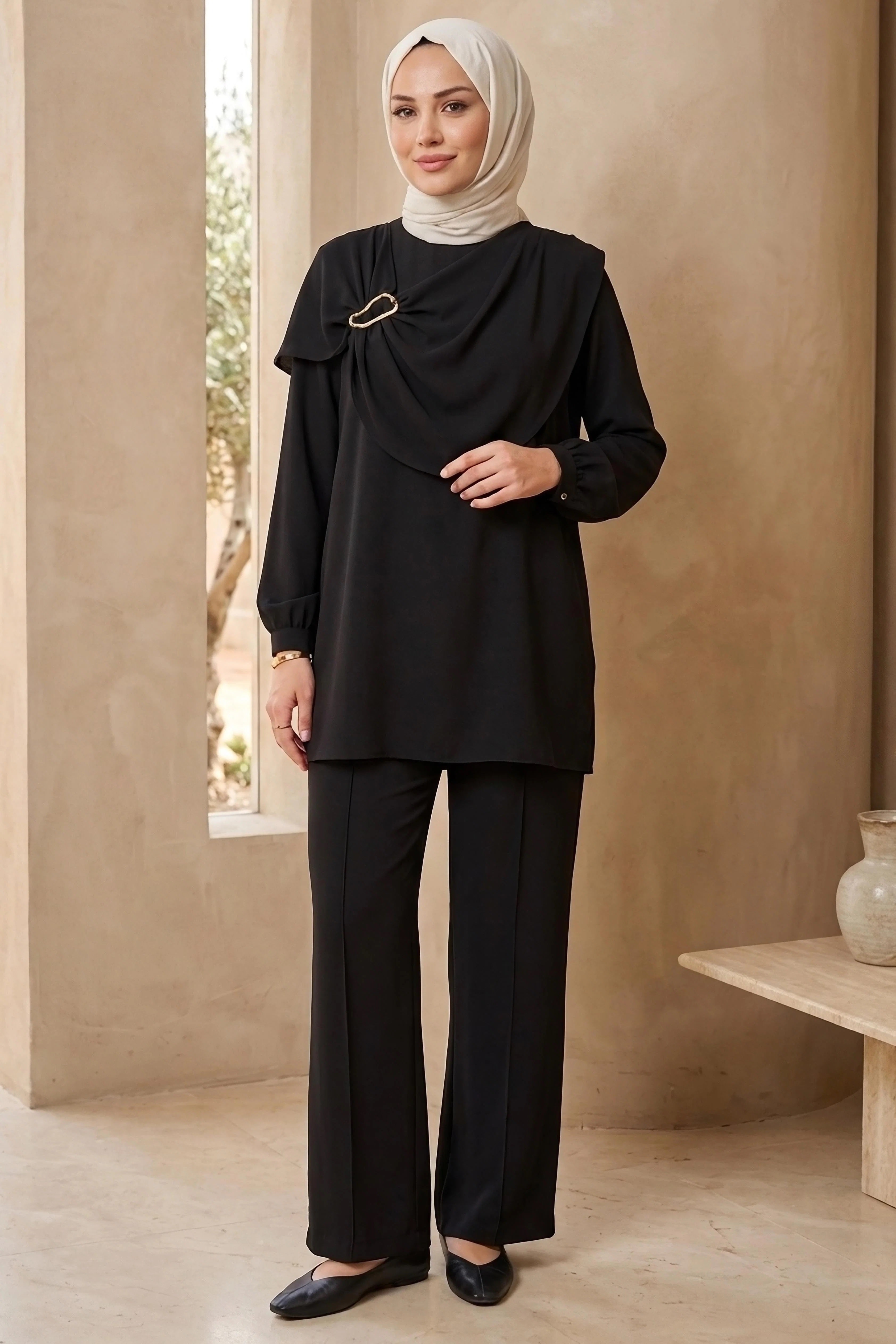 Elegant Draped Hijab Tunic & Wide-Leg Set
