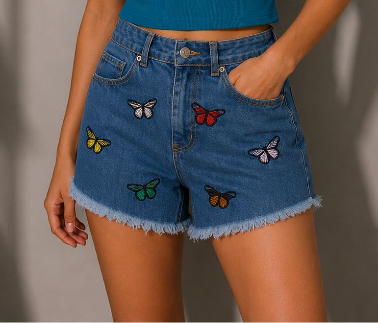 Fruit Embroidered Denim Shorts