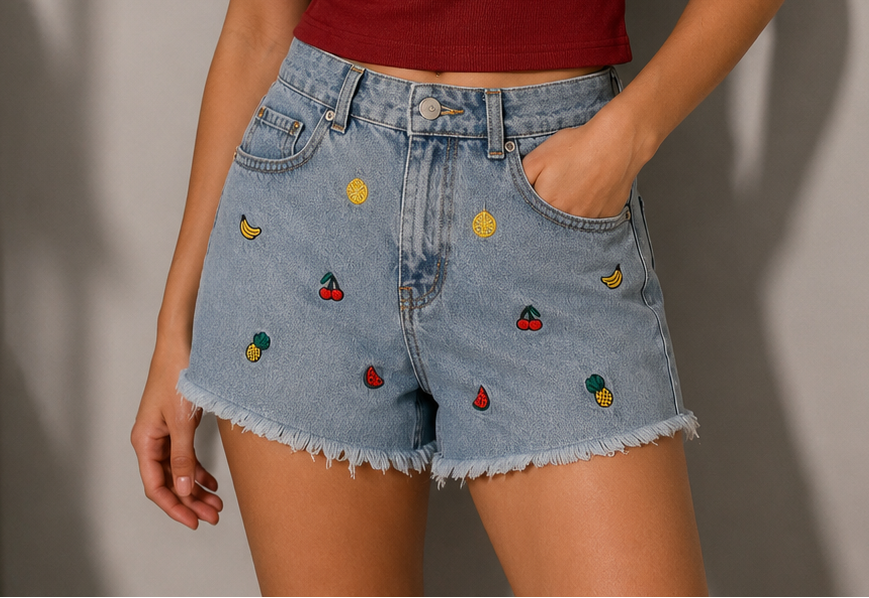 Fruit Embroidered Denim Shorts