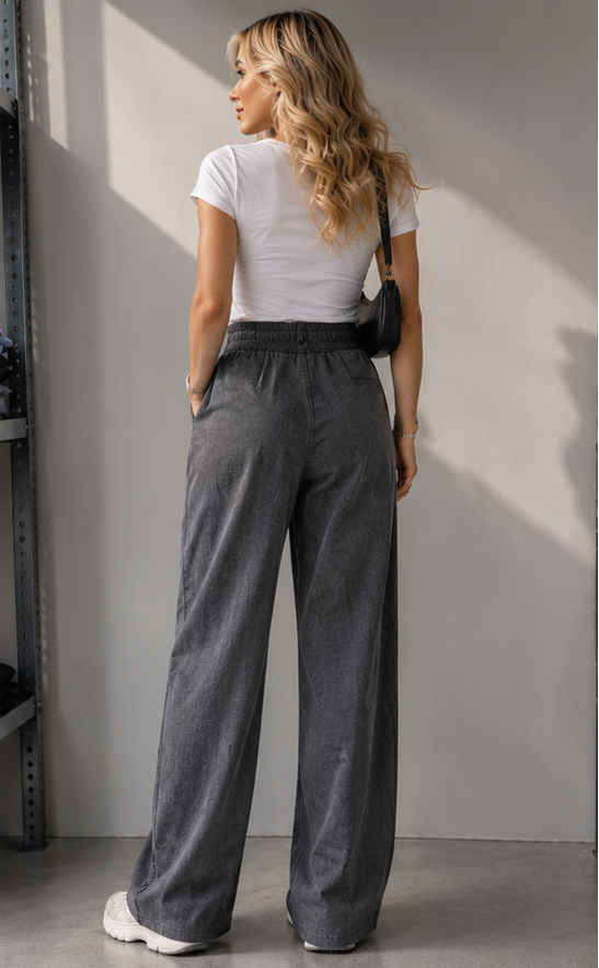 Effortless High-Waist Wide-Leg Pleated Trousers with Drawstring – Dark Gray