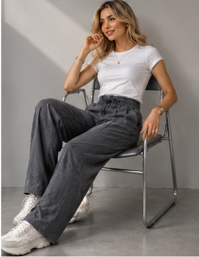 Effortless High-Waist Wide-Leg Pleated Trousers with Drawstring – Dark Gray