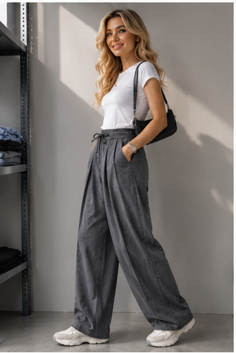Effortless High-Waist Wide-Leg Pleated Trousers with Drawstring – Dark Gray
