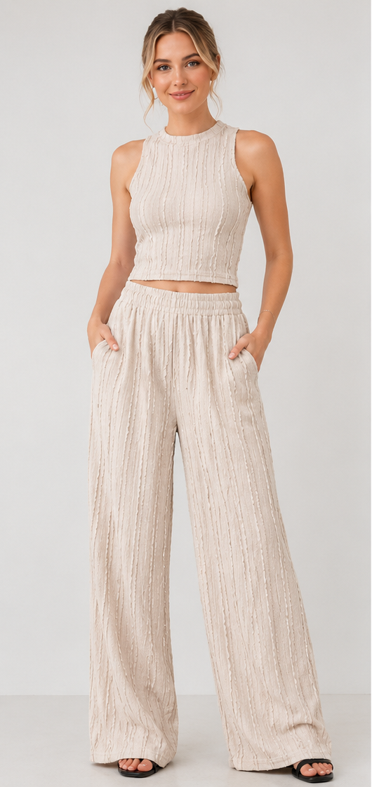 Textured Ribbed Crop Top & Wide-Leg Pants Set
