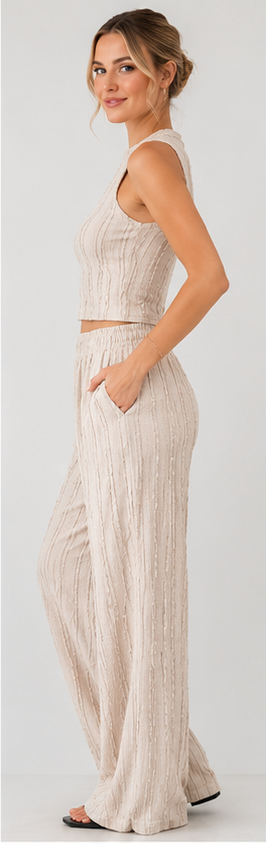 Textured Ribbed Crop Top & Wide-Leg Pants Set