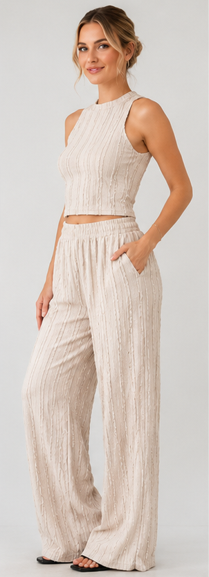 Textured Ribbed Crop Top & Wide-Leg Pants Set