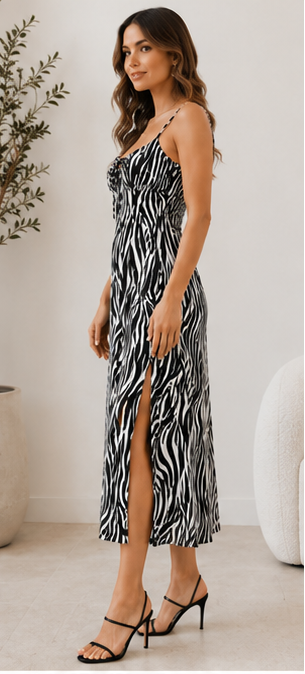 Zebra Print Side Slit Midi Dress
