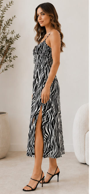 Zebra Print Side Slit Midi Dress