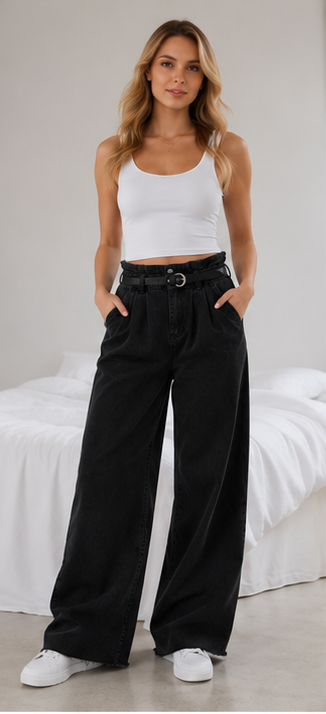 high-waisted wide-leg silhouette.