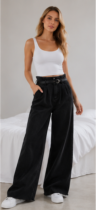 high-waisted wide-leg silhouette.