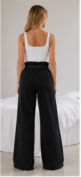 high-waisted wide-leg silhouette.